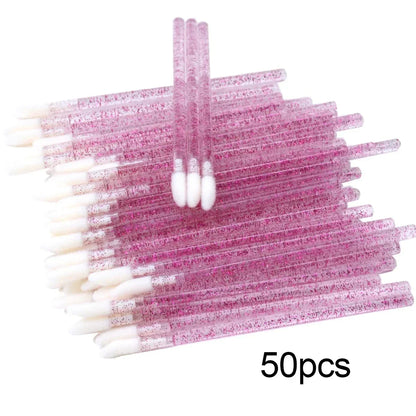 50Pcs/Lot Bling Lip Brush Eyelash Extensions Disposable Flocked Soft Hair Crystal Rod Cleaning Cotton Swab Lipstick Brush Makeup
